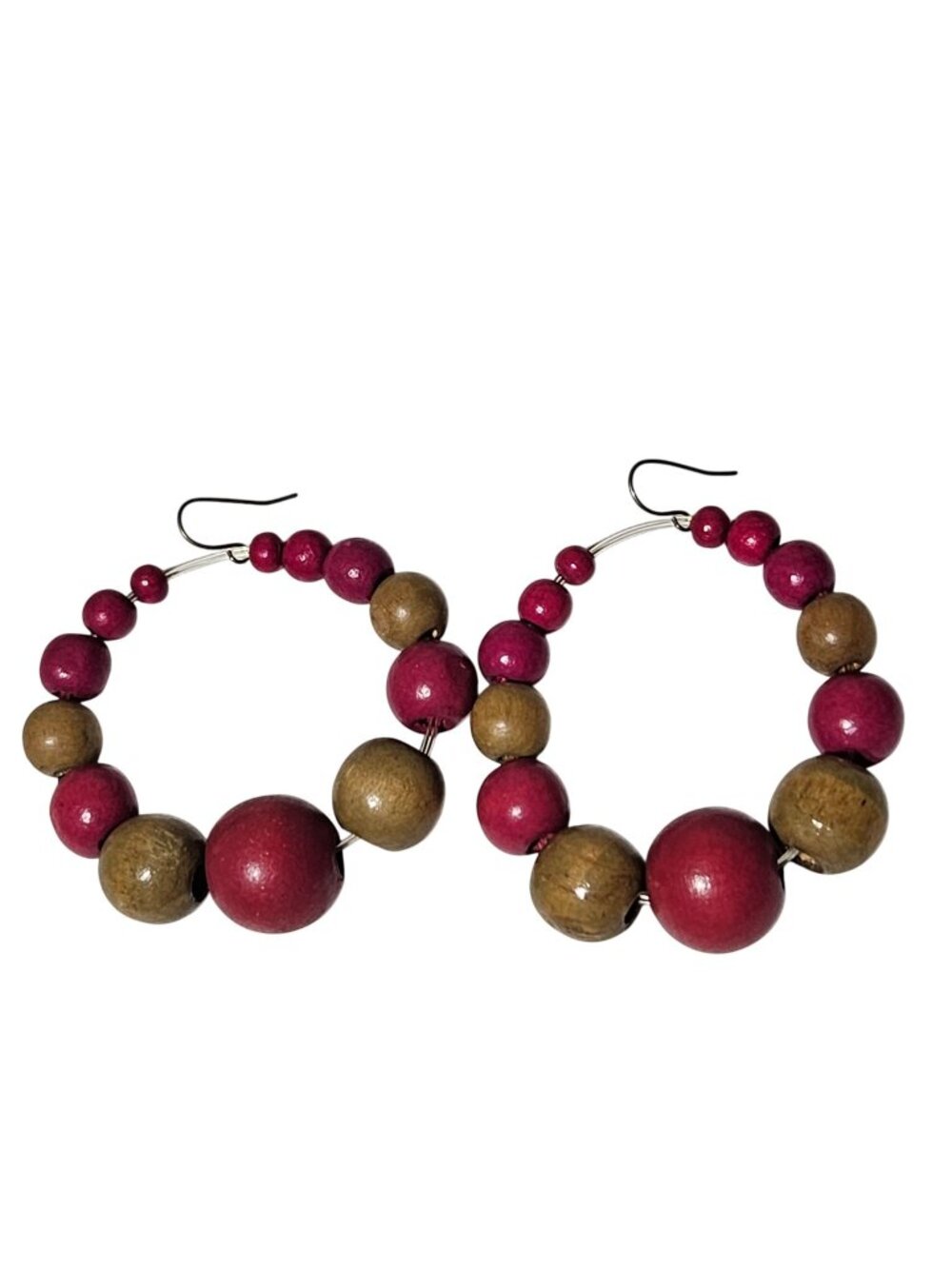Handmade Vintage Wood Bead Hoop Earrings Raspberry Pink Brown Retro Fashion
